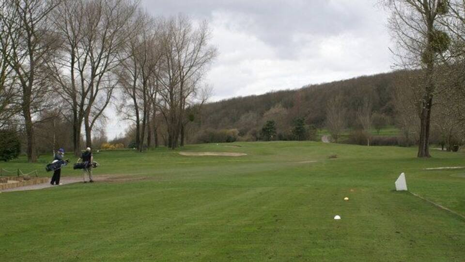 Un campo de golf con un green de putting, árboles y una colina distante.