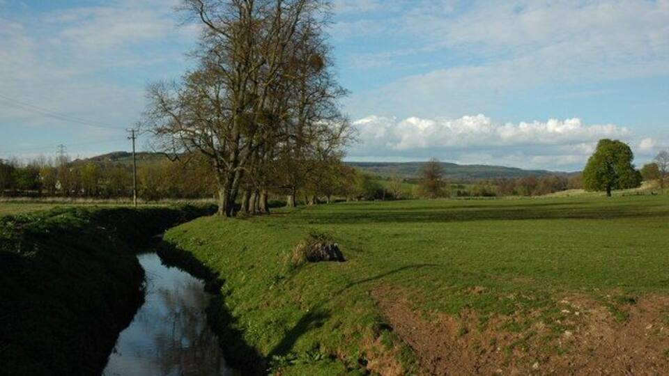 Un río, campos cubiertos de hierba y árboles bajo un cielo parcialmente nublado.