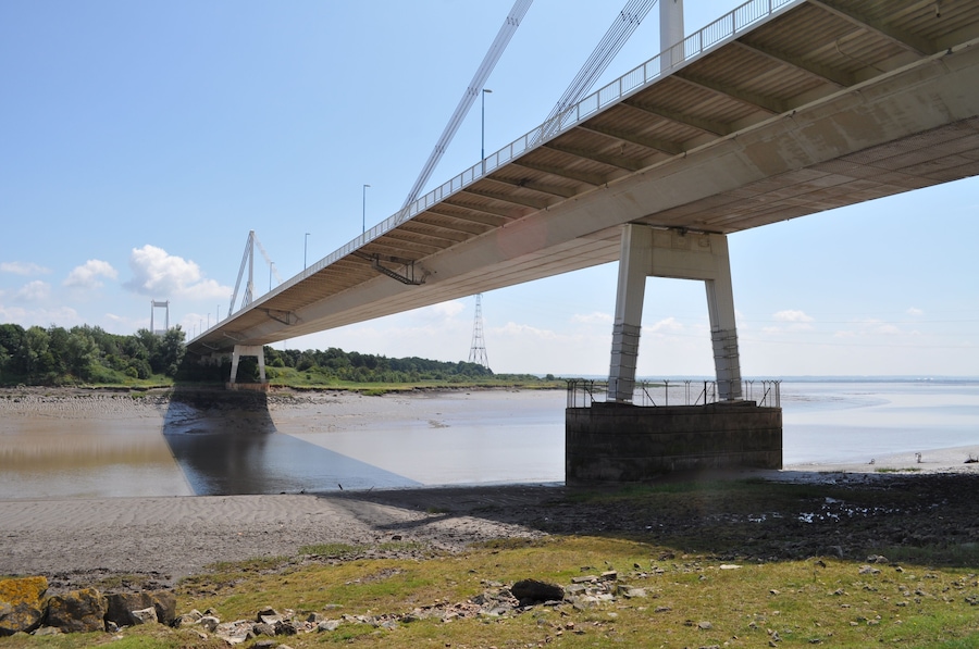 The Wye Bridge section of the Severn Bridge spans the River Severn between South Gloucestershire, England, and Monmouthshire in South Wales,