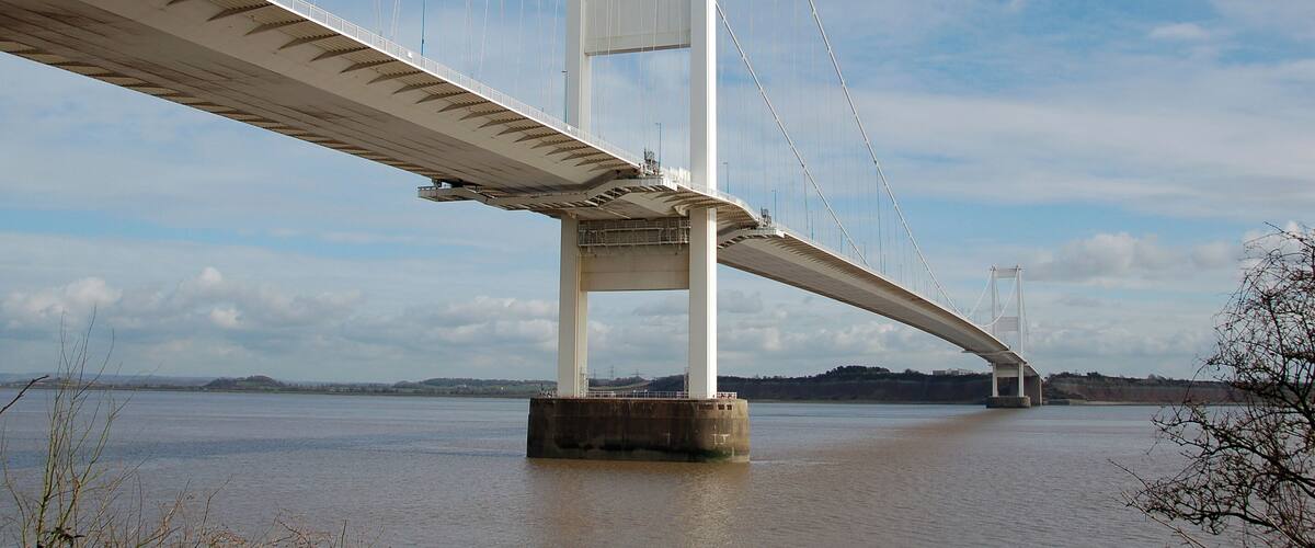 The Severn Bridge, from its western end at Beachley, Gloucestershire, UK.
