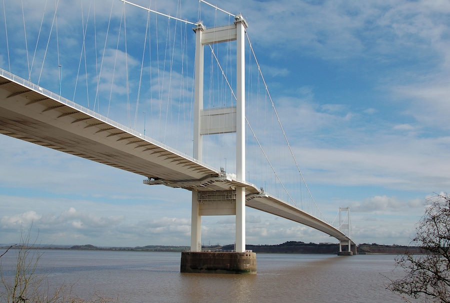 The Severn Bridge, from its western end at Beachley, Gloucestershire, UK.