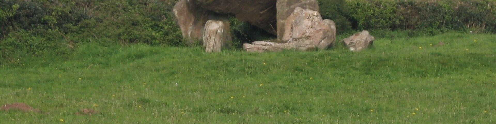 Uma grande pedra vertical em um campo gramado, com uma árvore ao fundo.