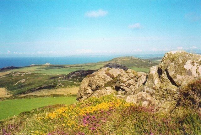 Garn Fawr summit looking north. The rocky little hill of Garn Fawr is carpeted with heather and gorse in summer and offers panoramic views of the North Pembrokeshire coast.