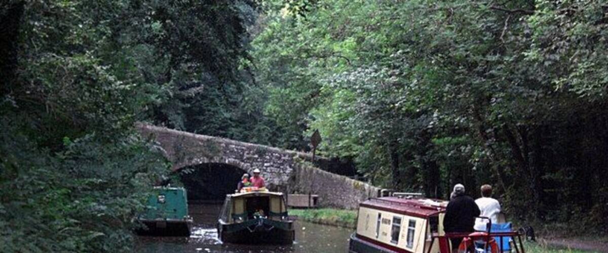 A narrow canal with boats, a stone bridge, and dense greenery.