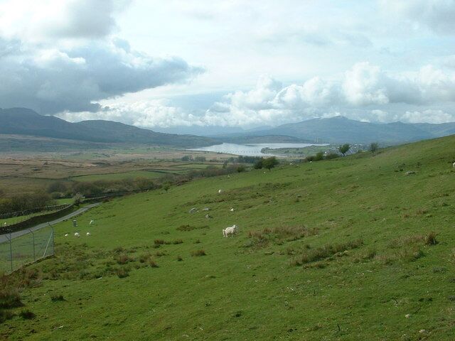 Farmland near Bronaber. Looking north, towards Trawsfynydd lake. The fencing to the left surrounds a water treatment plant.