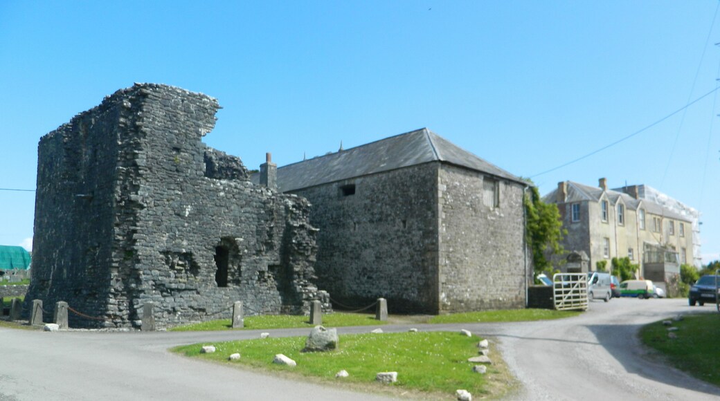 Ruins of Ewenny Priory, farm building, and mansion.