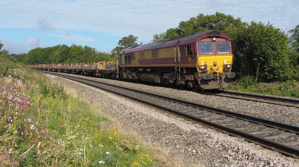 Steel train near St George's. A Margam to Llanwern steel train passes St George's, headed by locomotive No. 66113.