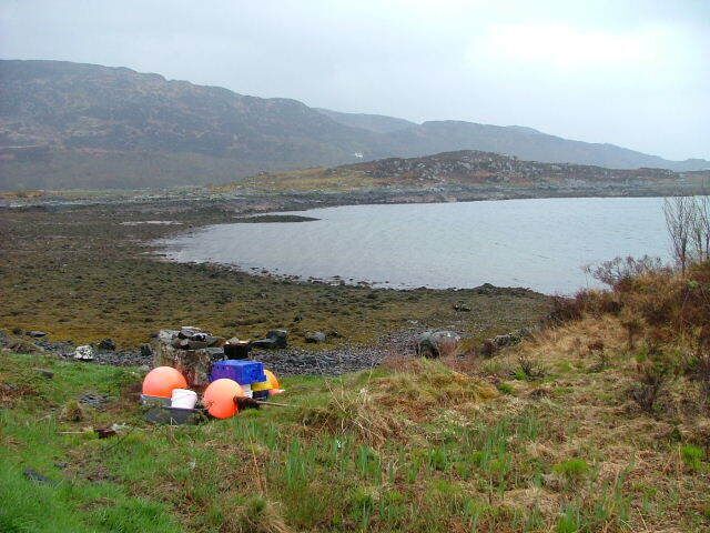 A coastal landscape with a body of water, rocky shore, and hills in the background.
