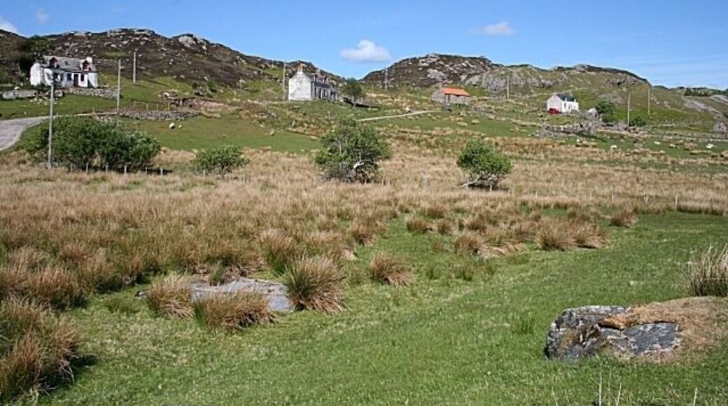 Achlyness Typical croft houses line the roadside, with the croft land below.