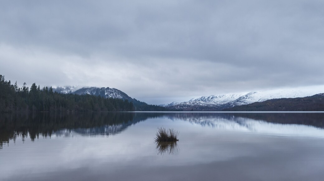 A calm lake with a reflection of the surrounding mountains and trees.