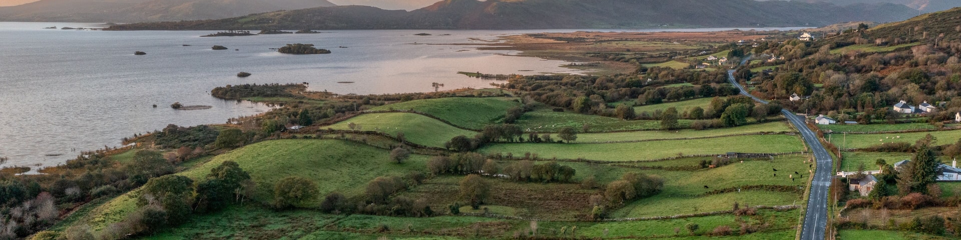 Morning aerial view at sunrise in Toormakeady Lough Mask County Mayo Ireland