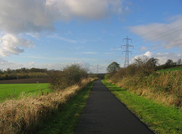 A rural pathway flanked by fields and a power line tower.