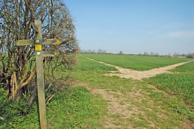 Five way footpath junction Junction of footpaths and bridleways, including the Stour Valley Path, just north of Roost End. The Stour Valley Path is a beautiful 60 mile route from Newmarket to the estuary in Essex.