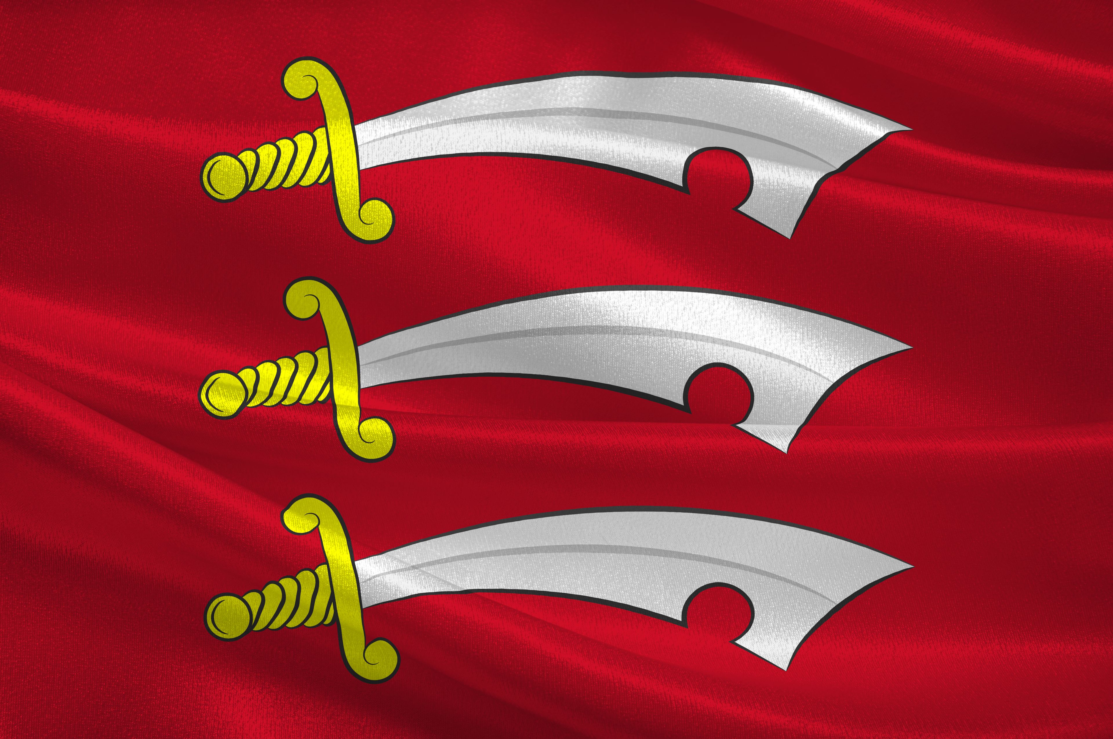 A red flag with three silver swords with yellow handles.