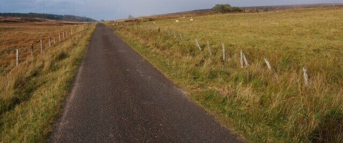 A rural road flanked by grassy fields and a fence.