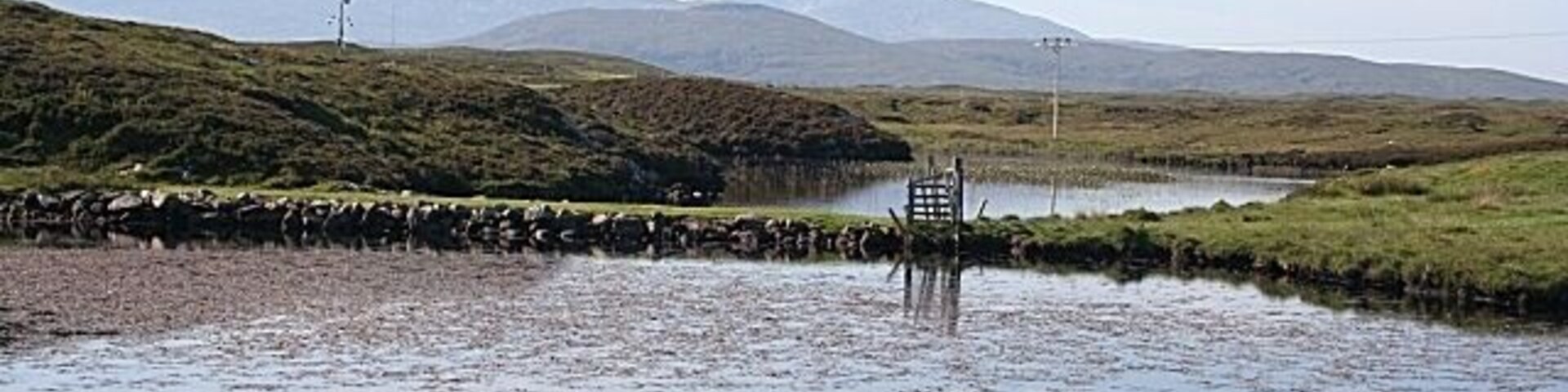 Un lago tranquilo con una silla de madera en el centro, rodeado de colinas cubiertas de hierba y montañas al fondo.