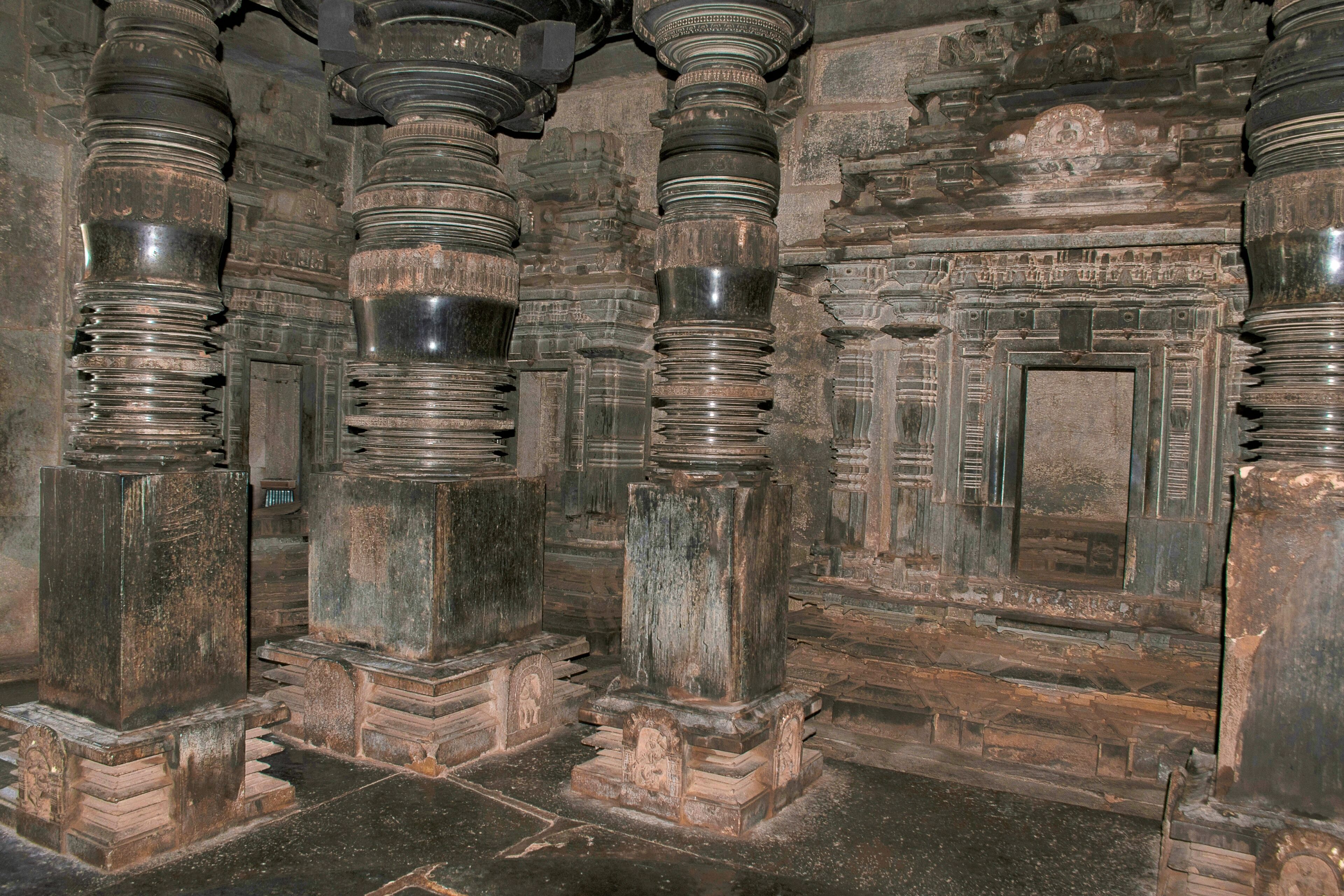 Huge carved black pillars, Parshvanatha, Basadi, Basadi Halli, Karnataka.