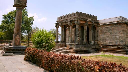 Side view of Shantinatha Basadi and Manastambha in front of it, Basadi Halli jain temple complex, Karnataka