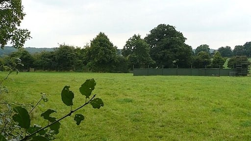 Field at Manor Farm. The footpath has drifted over time and now stays closer to the northern side of this field. On the old route are two green-painted wooden walls, that I can't work out what they are for. Another picture here 981333