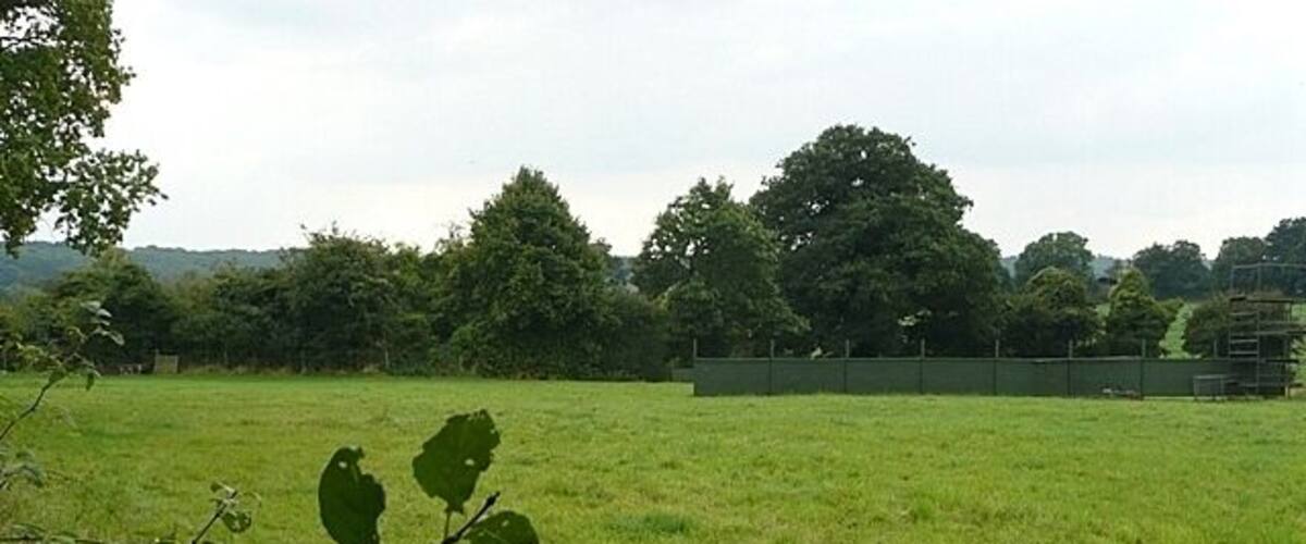A grassy field with trees in the background and a fence.