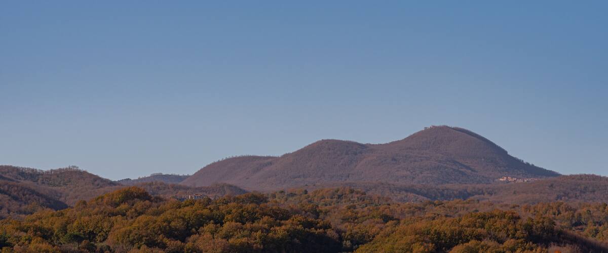 A mountain range with autumn foliage and a clear sky.