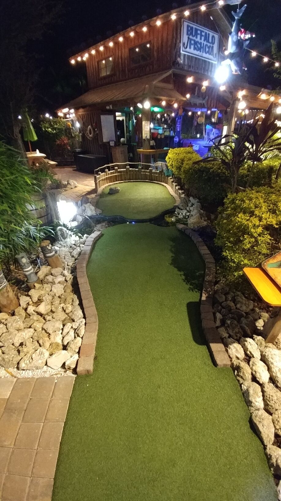 The Fish Hole at Lakewood Ranch is a fun and challenging 18 hole mini golf course with turtles, koi and informational signs about tropical plants and ocean fish.