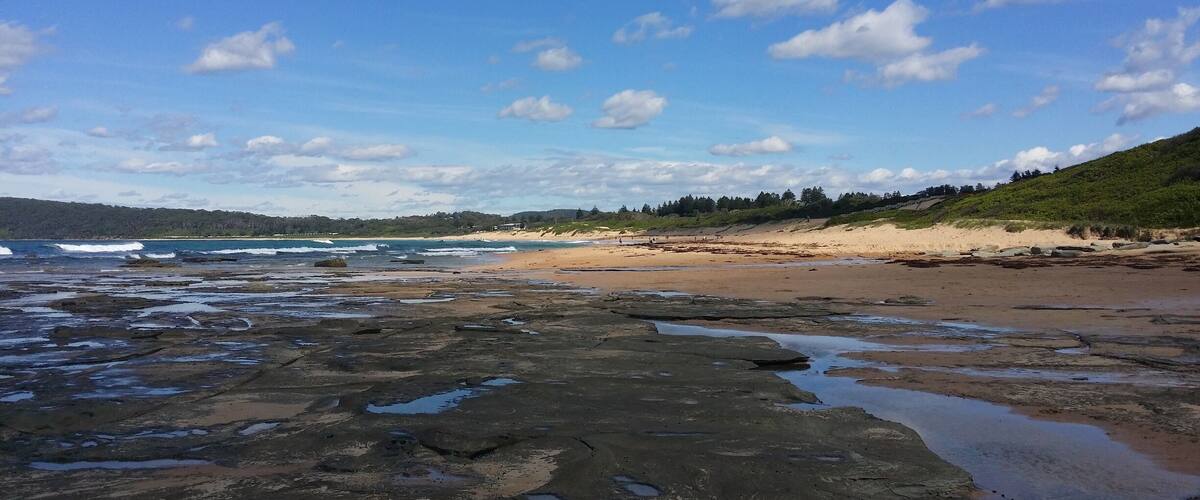A rocky shoreline with waves crashing onto the beach, a sandy beach, and a forested hill in the background.