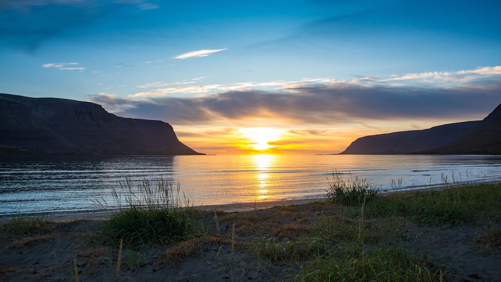 Sunset in fjord of Talknafjordur in Iceland