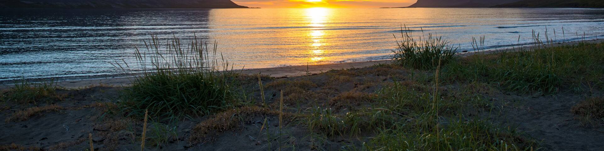 Sunset in fjord of Talknafjordur in Iceland