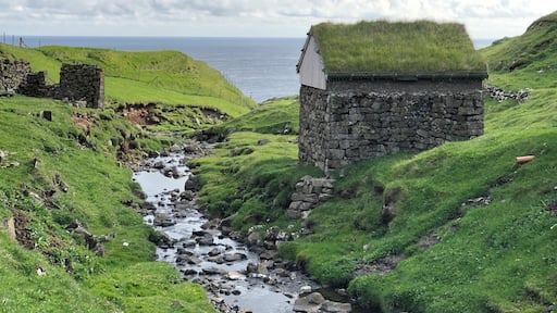 The small village on Mykines only has about a dozen year long residents. The helicopter supplies them twice a week and takes them to one of the other islands if they have the need. During the summer many visitors come to see the birds that nest on the island or one of the islets close by. There are also summer residents many who have family history on the island. This old stone building houses supplies and equipment.