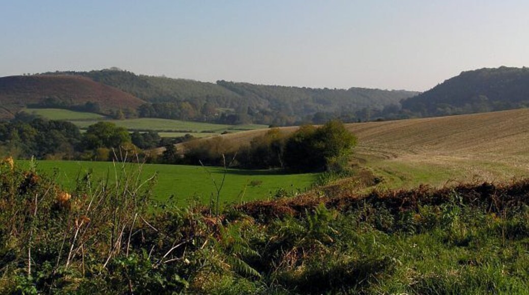 Douthwaite Dale view. Looking SE from the road between Lowna and Gillamoor. The hills are part of the limestone escarpment which runs along the Southern border of the North Yorkshire moors. The river Dove leaves Farndale and forces its way through the limestone via Douthwaite Dale here.