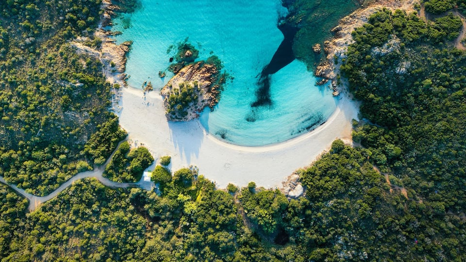 An aerial view of a secluded beach surrounded by dense forest, with clear turquoise waters and a winding road leading to the shore.