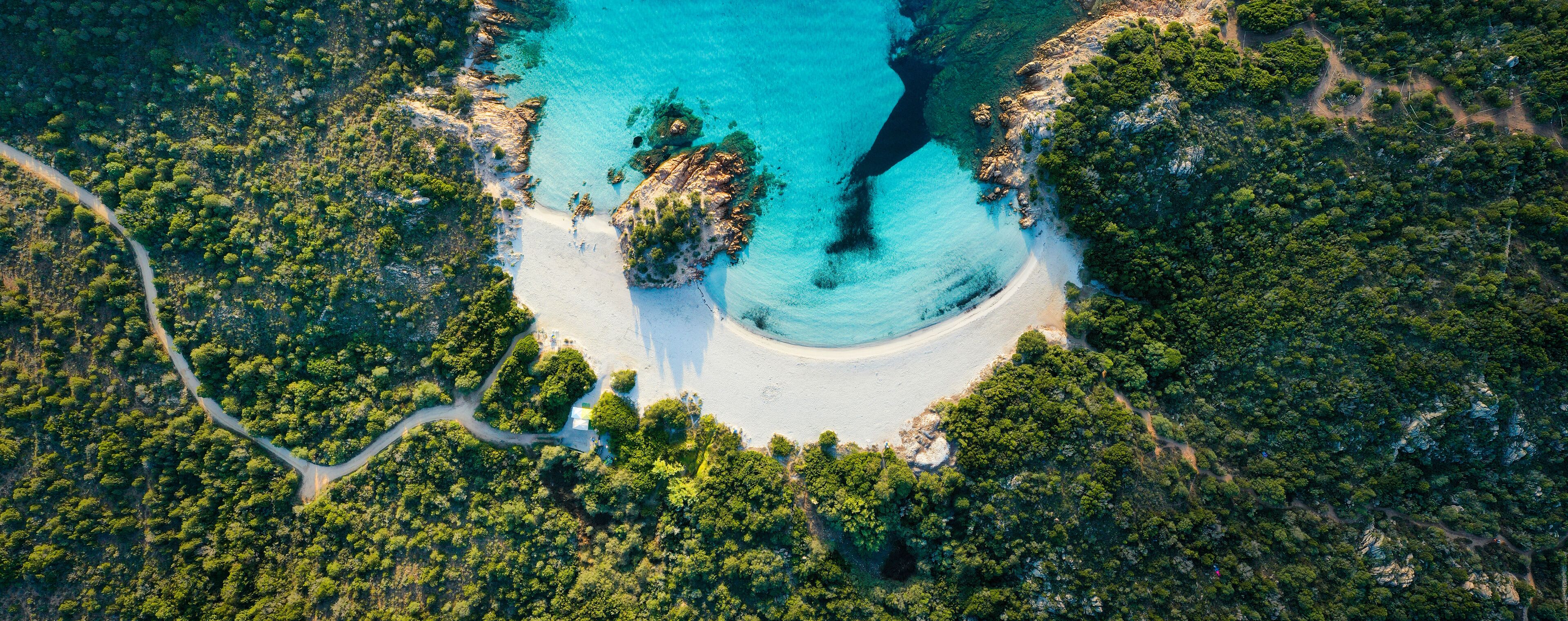 An aerial view of a secluded beach surrounded by dense forest, with clear turquoise waters and a winding road leading to the shore.