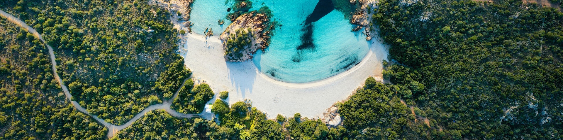 An aerial view of a secluded beach surrounded by dense forest, with clear turquoise waters and a winding road leading to the shore.