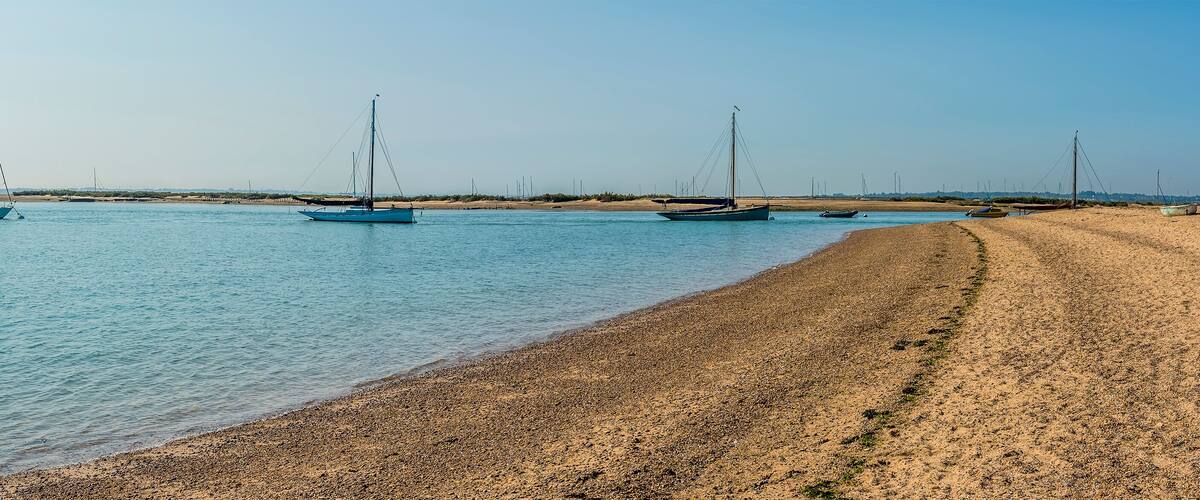 A beach with several sailboats anchored in calm waters.