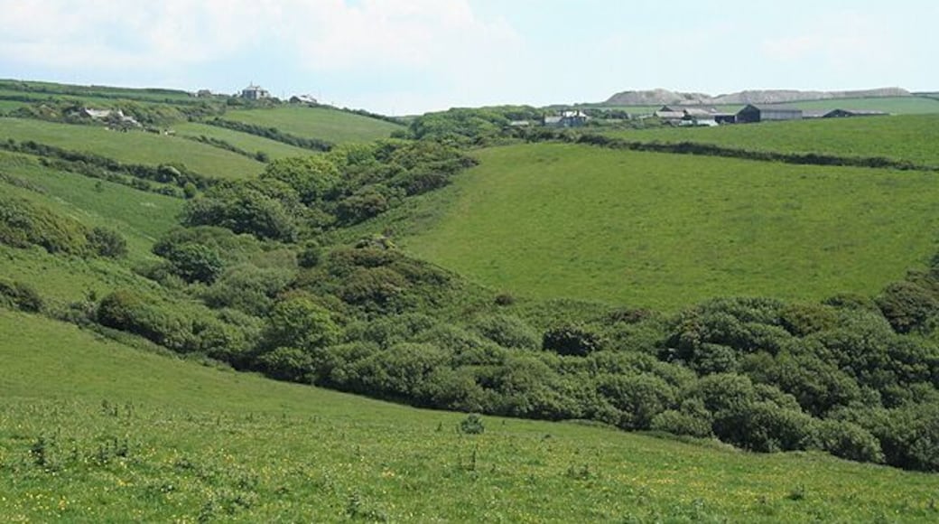 Tintagel: towards Trecarne Farm. The valley above Backways Cove turns south east below Trebarwith hamlet. Trecarne Farm, which had waterpower in the nineteenth century, is on the right, situated below the waste heaps of a quarry on Treligga Downs