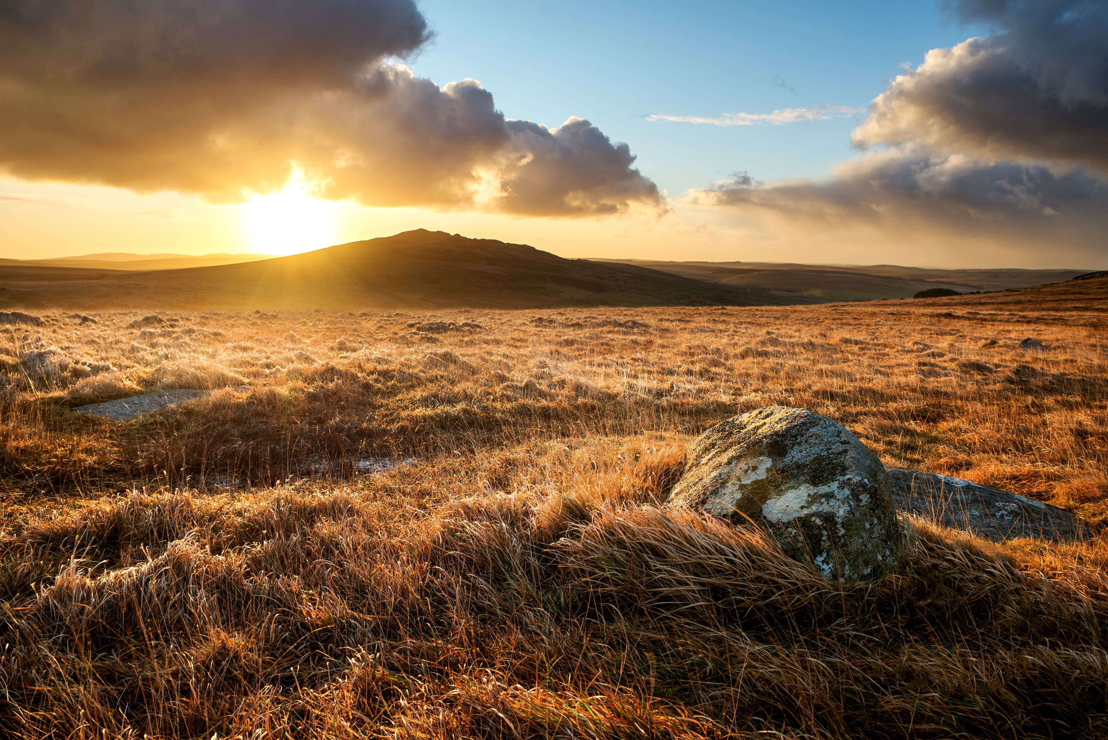 Ein grünes Feld mit einem großen Felsen im Vordergrund und einem Berg im Hintergrund, bewölkter Himmel.