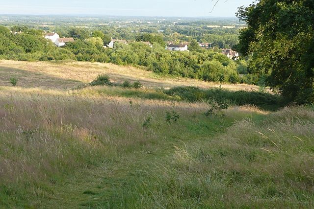 View from Garston's Park From the southern end of the caravan park houses suddenly open out into open grassland sloping down towards Calcot and the Kennet valley.