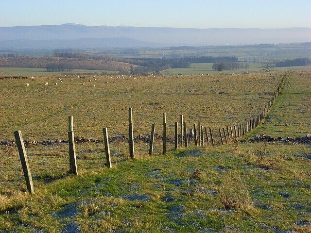 Pastures above Greystoke A view across the Petteril and Eden valleys to the highest of the Pennines. The scant remains of snow can just be made out on the tops of Cross Fell and the Dun Fells.
