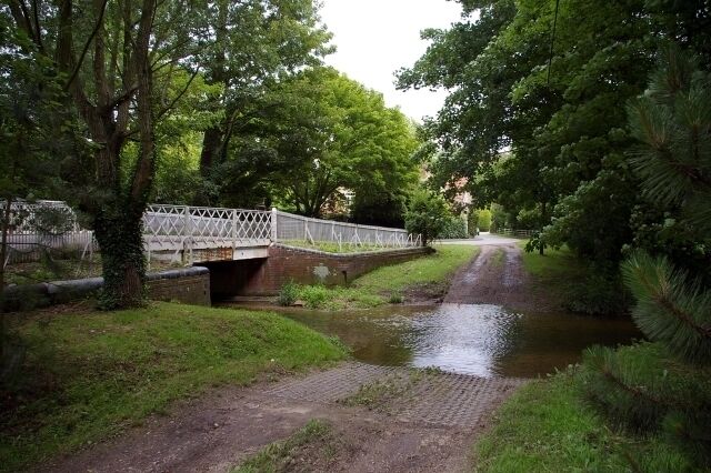 Hildersham Ford and Bridge The village ford on the River Granta, here seen from the south-west, is now by-passed by a road bridge.