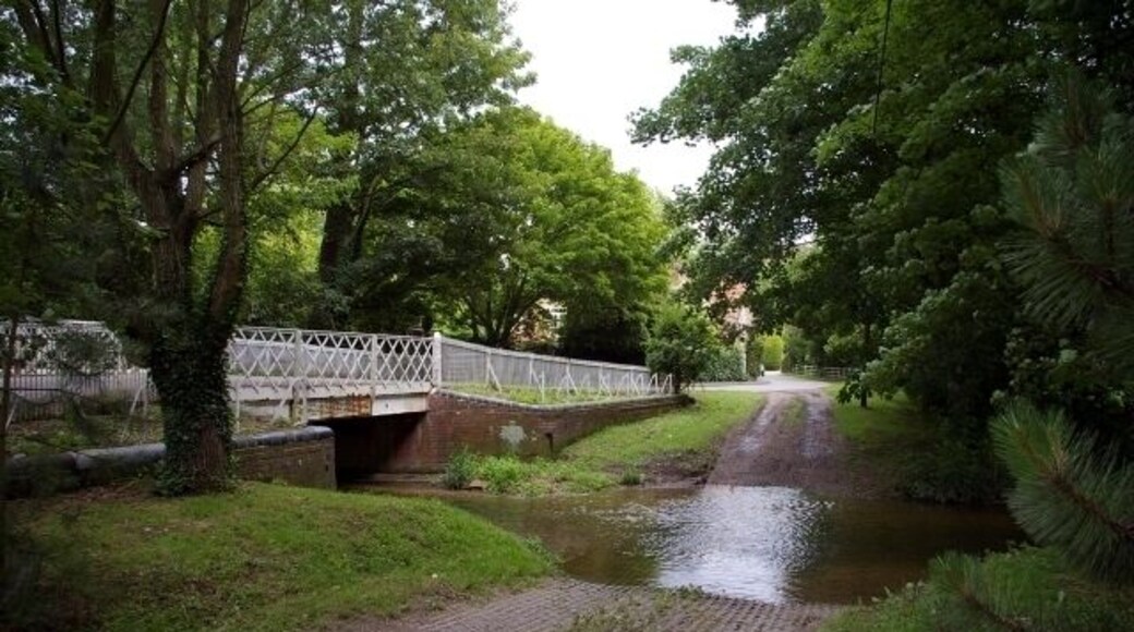 Hildersham Ford and Bridge The village ford on the River Granta, here seen from the south-west, is now by-passed by a road bridge.