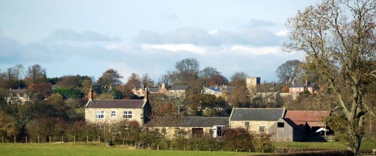A rural landscape with stone houses, a fenced field, and a tree in the foreground.
