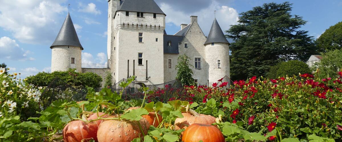 A castle with multiple towers and a garden with pumpkins and flowers.