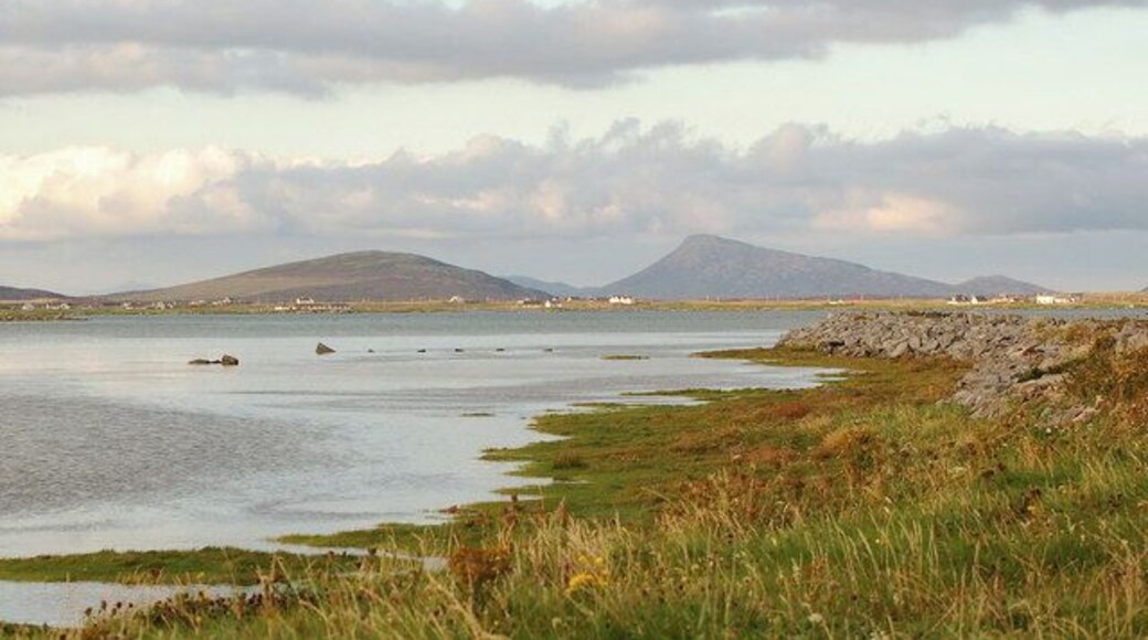 South Ford, Eochar. Looking NE towards Rueval on Benbecula and Eaval on North Uist, from the spot which suffered tragic loss of life in the 2004 hurricane.