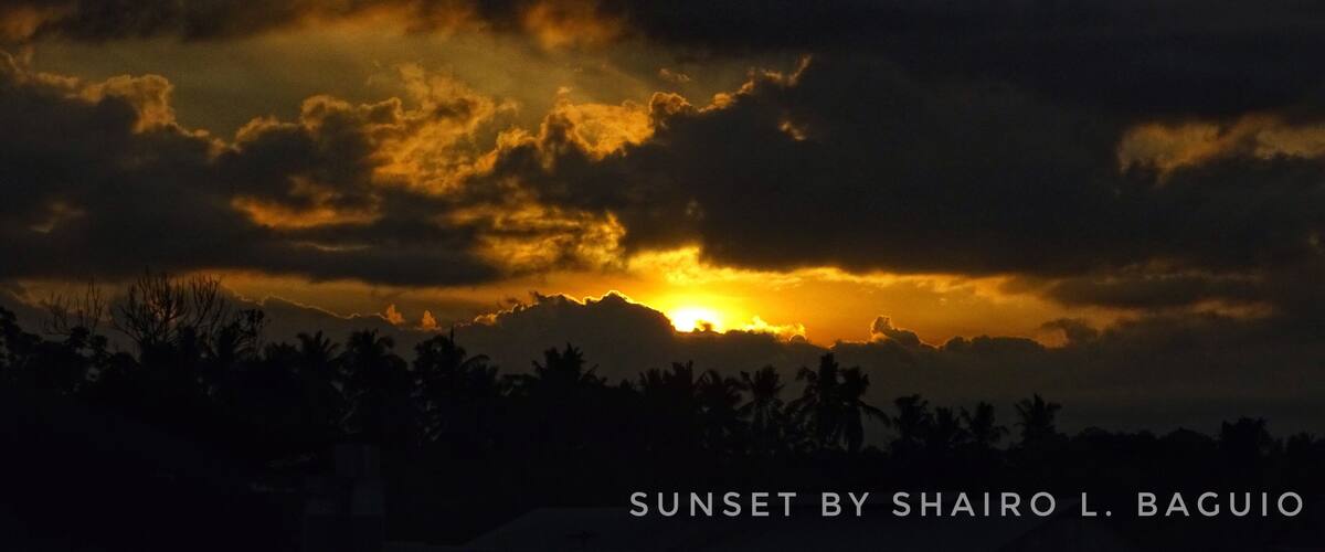 A sunset with clouds and silhouettes of palm trees.