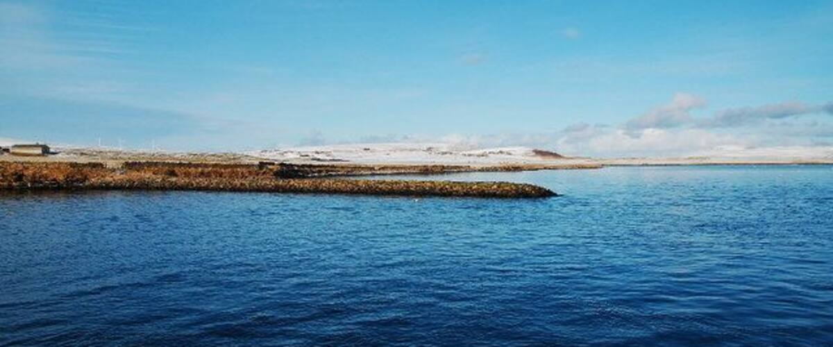 A calm body of water, a rocky shoreline, and a distant snow-covered landscape under a clear sky.