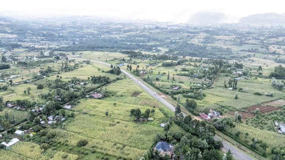 A rural landscape with fields, scattered houses, and a winding road.