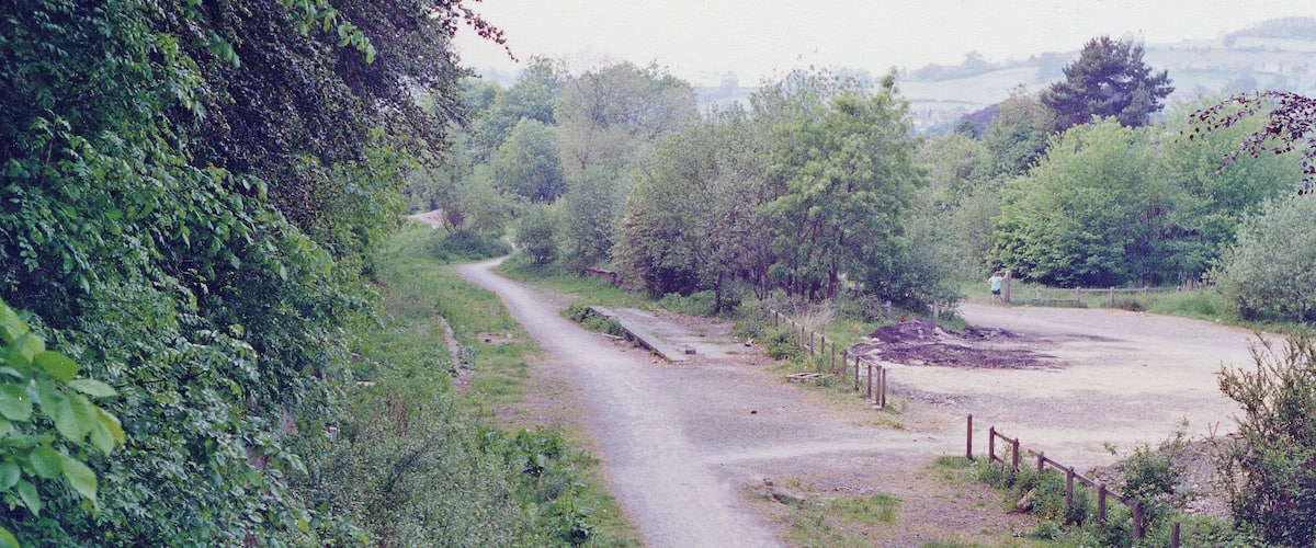 A rural dirt road winding through a wooded area with a fenced field on the right.