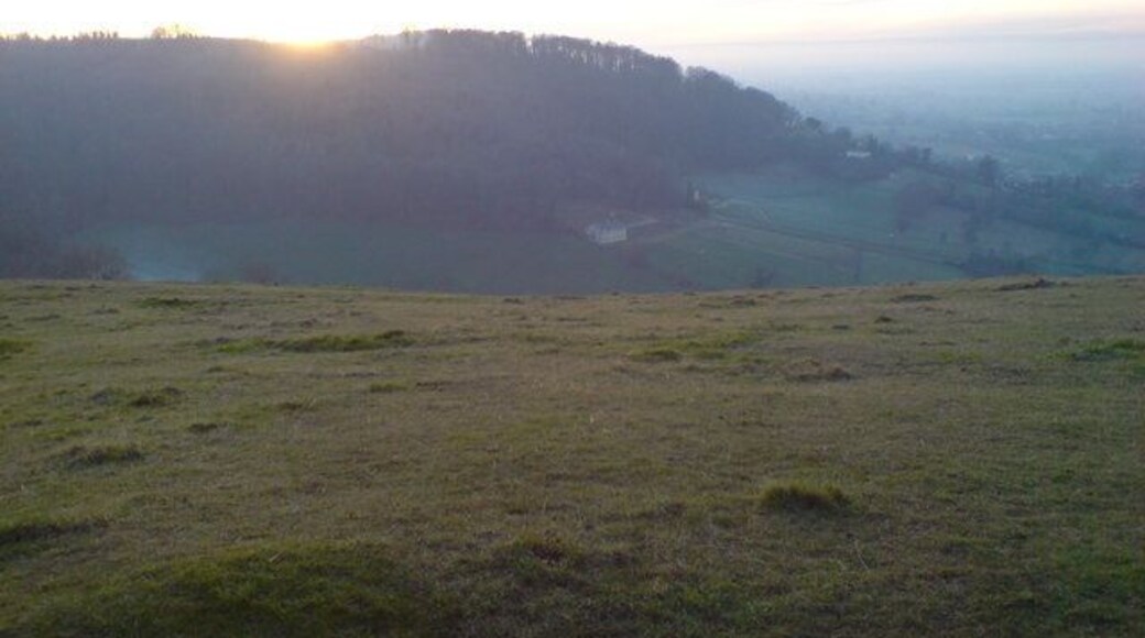 Pen Hill from Selsley Common at sundown Lovely misty view of Pen Hill woods with the Severn Valley beyond.