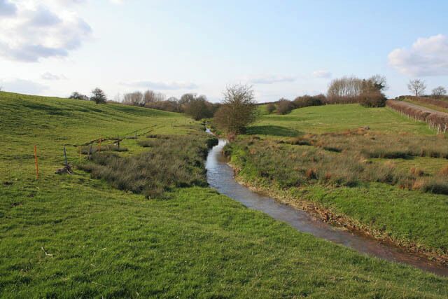 A narrow stream flowing through a green field with gentle slopes and sparse trees in the background.